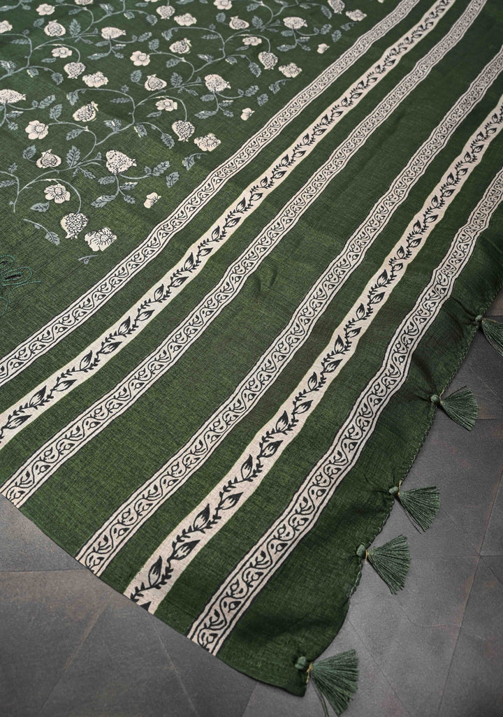 Elegant fine cutwork with floral jaal digital print semi tussar Embroidery Saree in Rifle Green