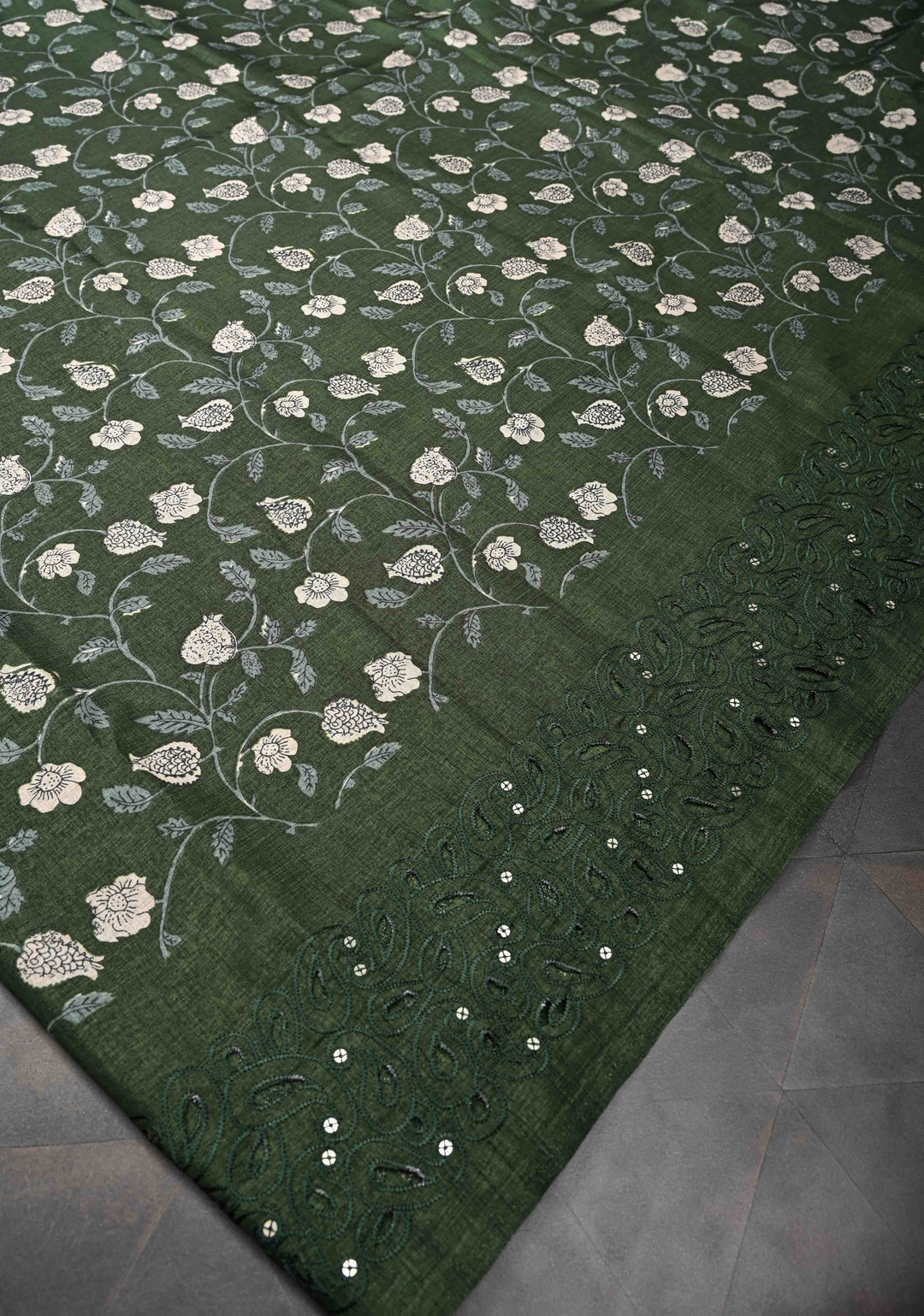 Elegant fine cutwork with floral jaal digital print semi tussar Embroidery Saree in Rifle Green