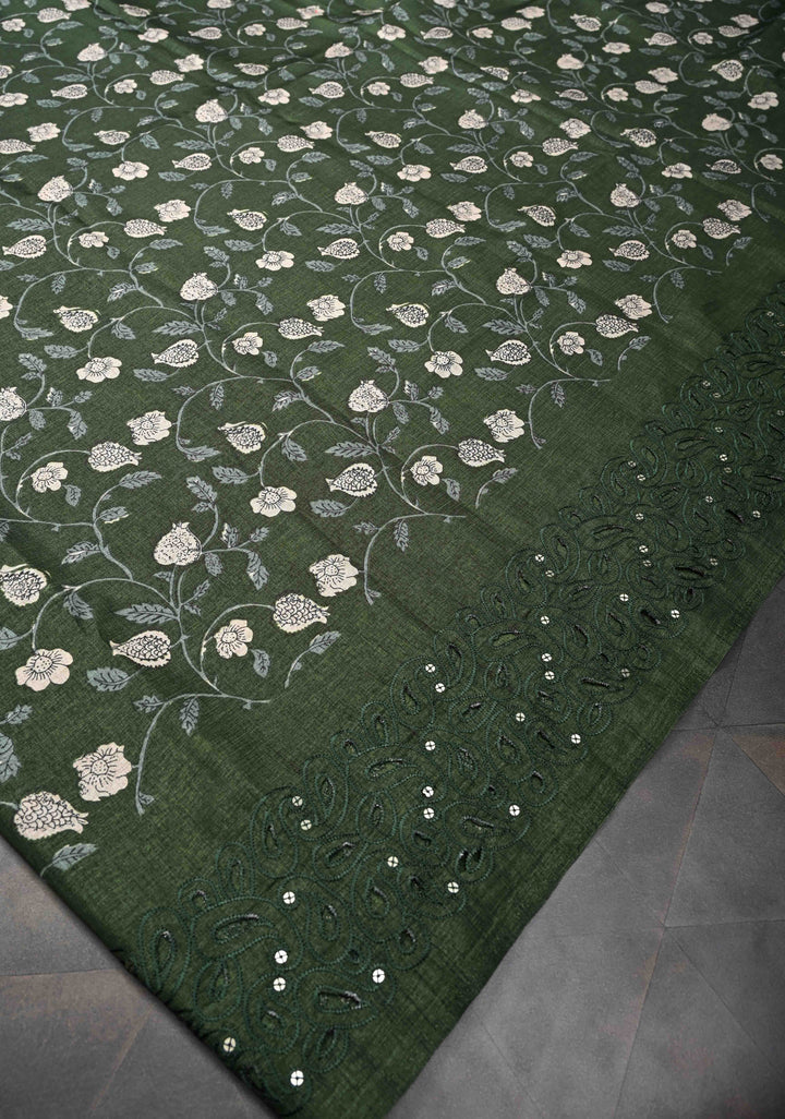 Elegant fine cutwork with floral jaal digital print semi tussar Embroidery Saree in Rifle Green