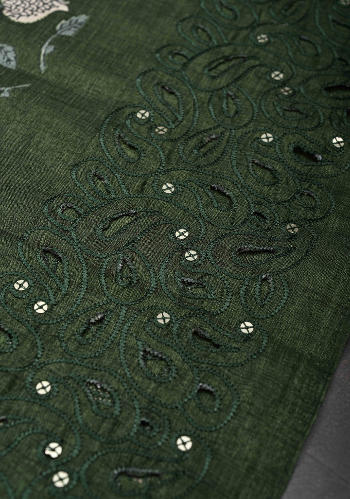 Elegant fine cutwork with floral jaal digital print semi tussar Embroidery Saree in Rifle Green