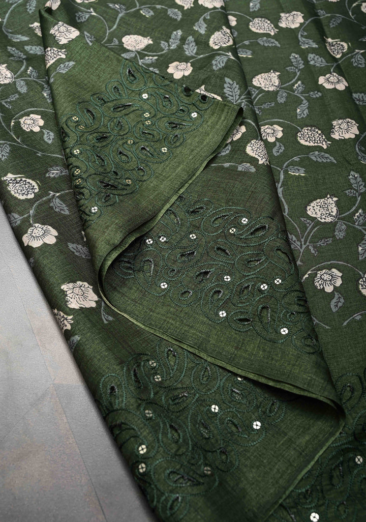 Elegant fine cutwork with floral jaal digital print semi tussar Embroidery Saree in Rifle Green