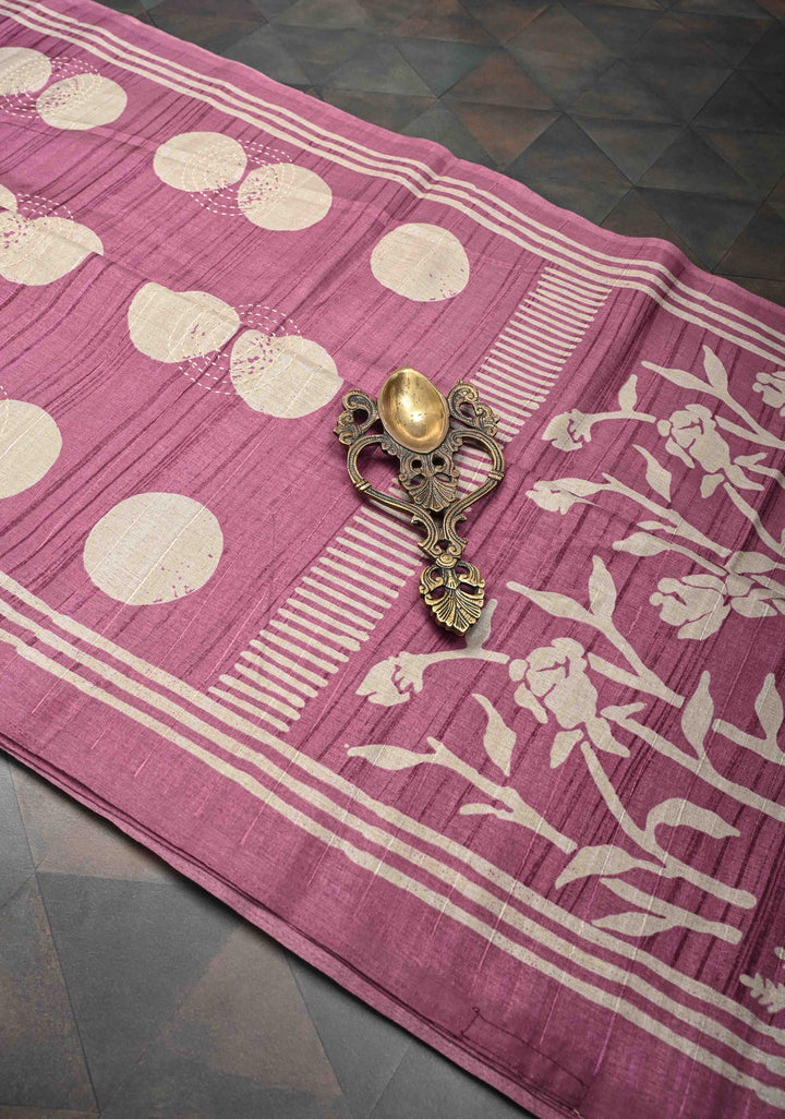 Mauve Semi Tussar Saree with Charming Prints and Hand Kantha Embroidery Highlights