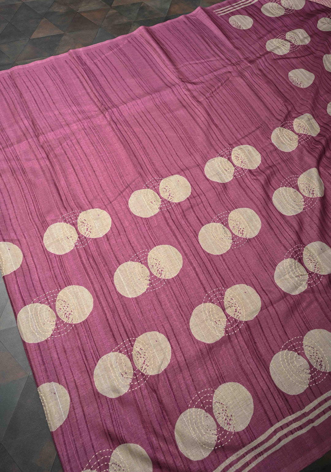Mauve Semi Tussar Saree with Charming Prints and Hand Kantha Embroidery Highlights