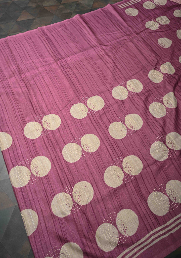 Mauve Semi Tussar Saree with Charming Prints and Hand Kantha Embroidery Highlights