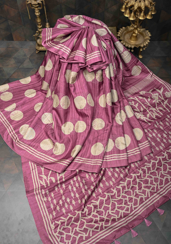 Mauve Semi Tussar Saree with Charming Prints and Hand Kantha Embroidery Highlights