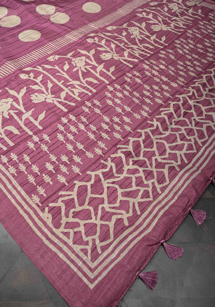 Mauve Semi Tussar Saree with Charming Prints and Hand Kantha Embroidery Highlights