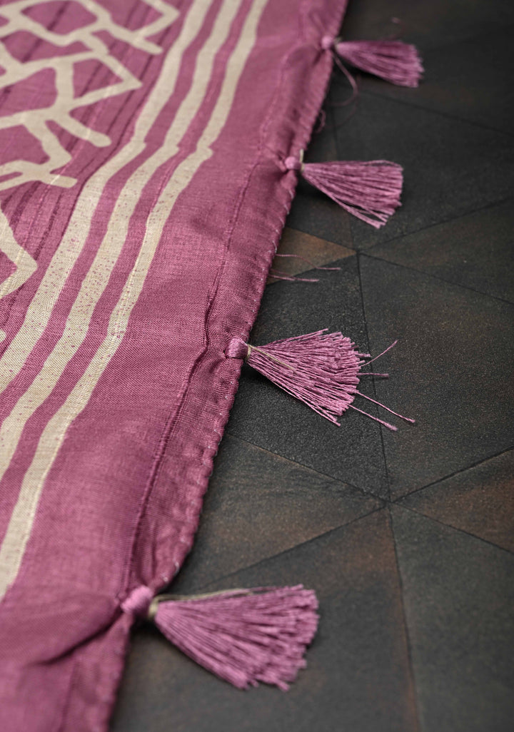 Mauve Semi Tussar Saree with Charming Prints and Hand Kantha Embroidery Highlights