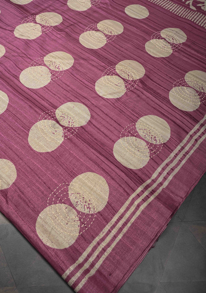Mauve Semi Tussar Saree with Charming Prints and Hand Kantha Embroidery Highlights