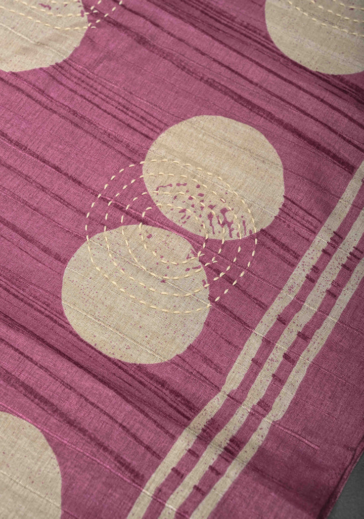 Mauve Semi Tussar Saree with Charming Prints and Hand Kantha Embroidery Highlights