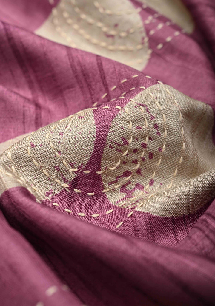 Mauve Semi Tussar Saree with Charming Prints and Hand Kantha Embroidery Highlights