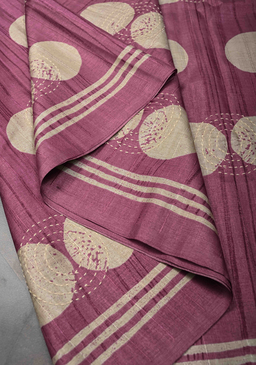 Mauve Semi Tussar Saree with Charming Prints and Hand Kantha Embroidery Highlights