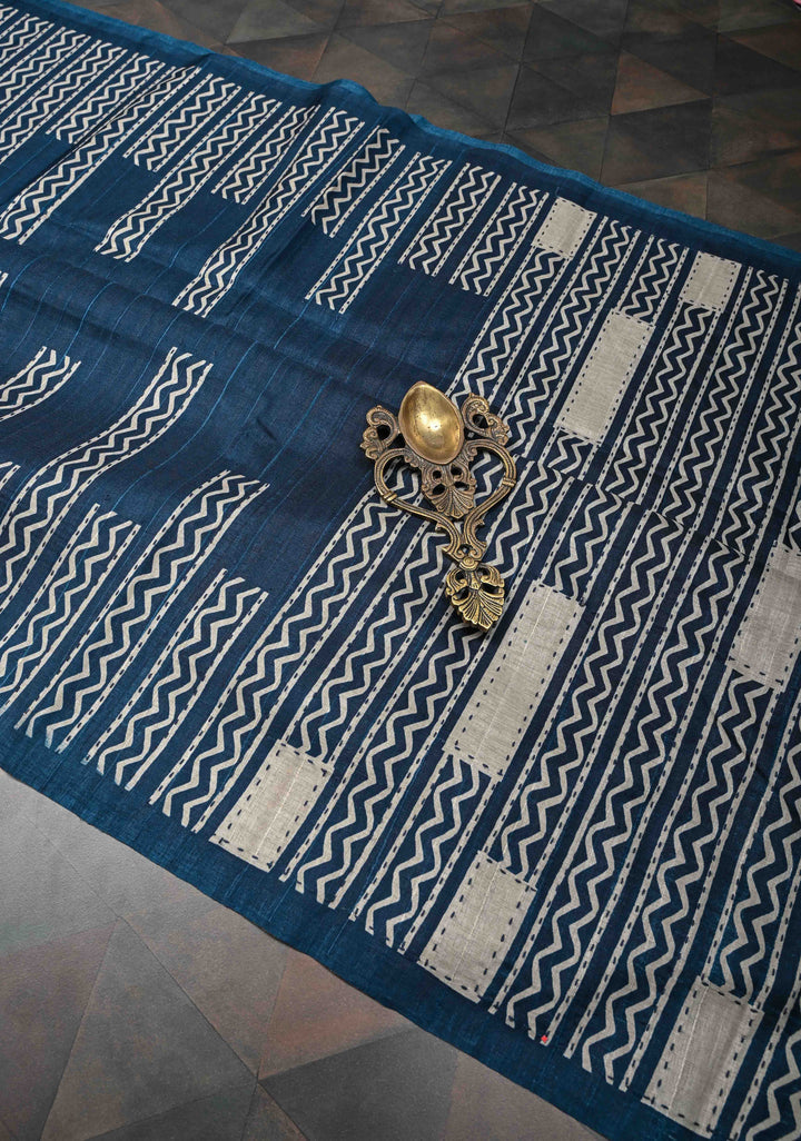 Indigo Semi Tussar Saree with Geometric Digital Print and Kantha Hand Embroidery