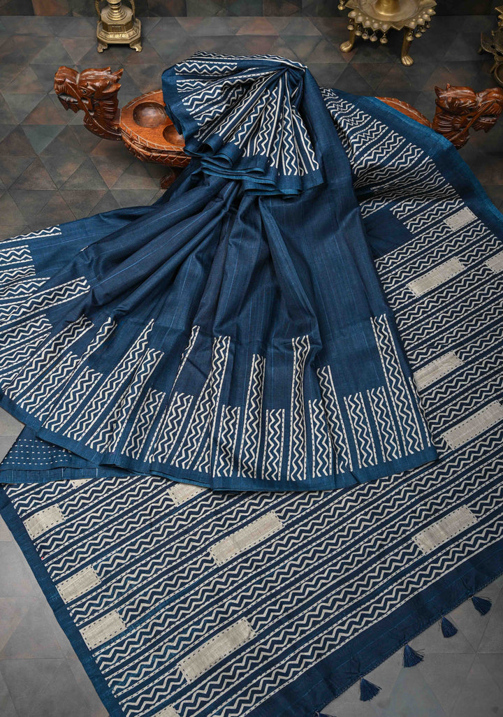 Indigo Semi Tussar Saree with Geometric Digital Print and Kantha Hand Embroidery