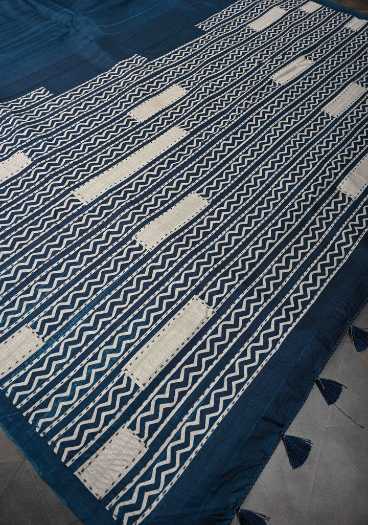 Indigo Semi Tussar Saree with Geometric Digital Print and Kantha Hand Embroidery