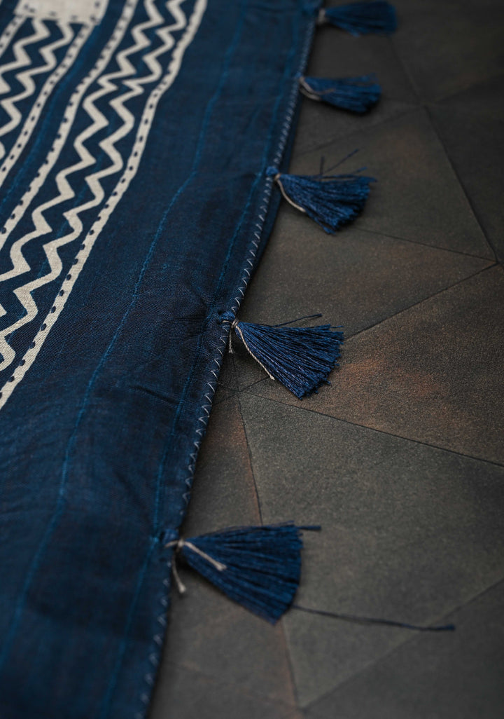 Indigo Semi Tussar Saree with Geometric Digital Print and Kantha Hand Embroidery