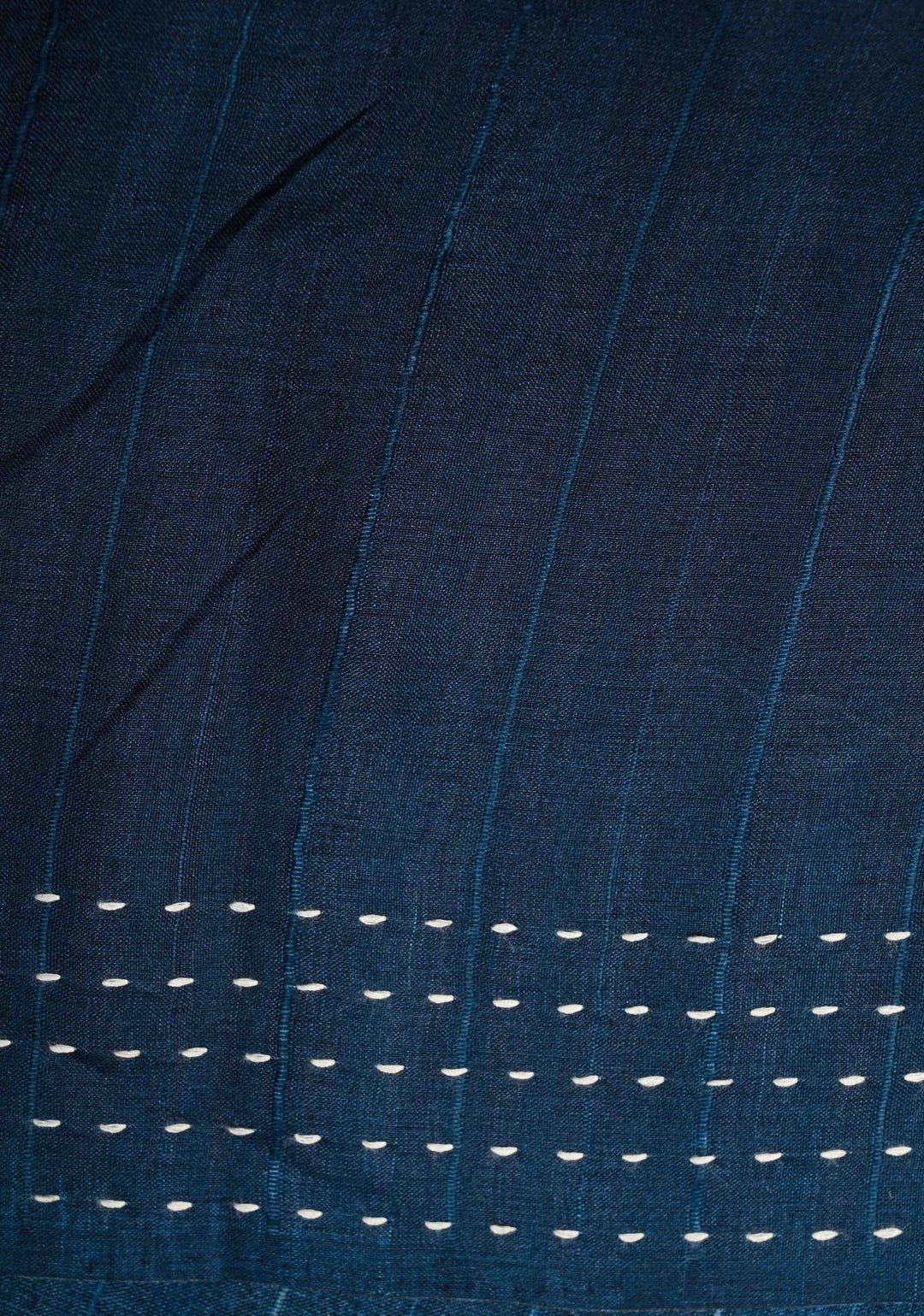 Indigo Semi Tussar Saree with Geometric Digital Print and Kantha Hand Embroidery