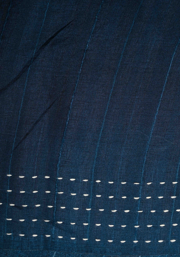 Indigo Semi Tussar Saree with Geometric Digital Print and Kantha Hand Embroidery
