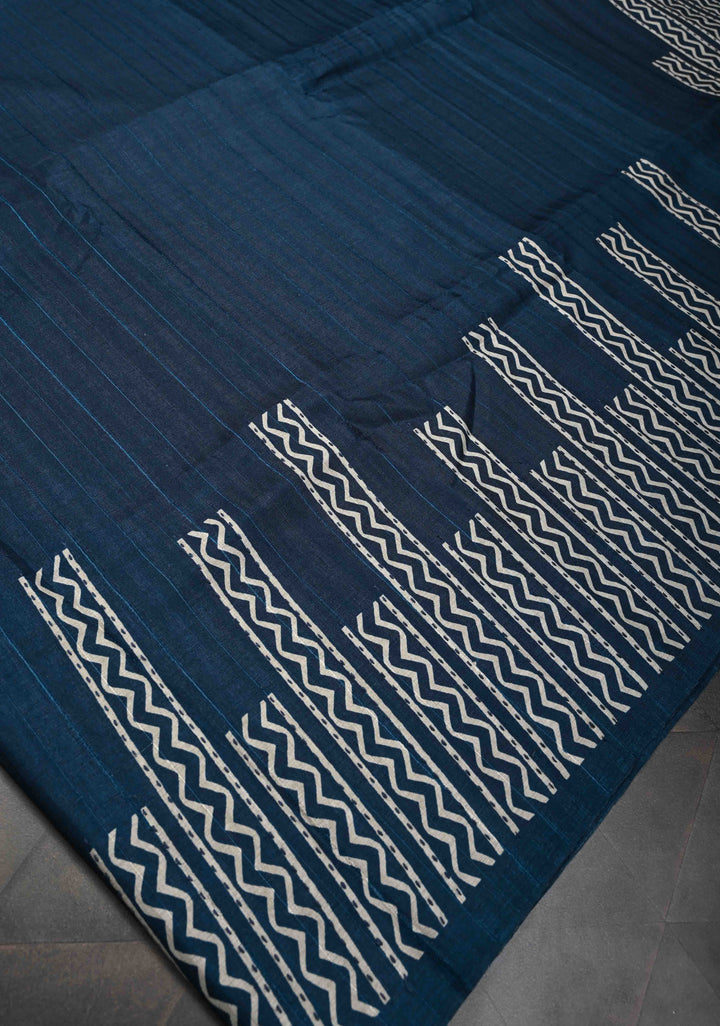 Indigo Semi Tussar Saree with Geometric Digital Print and Kantha Hand Embroidery