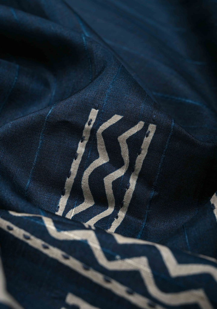 Indigo Semi Tussar Saree with Geometric Digital Print and Kantha Hand Embroidery