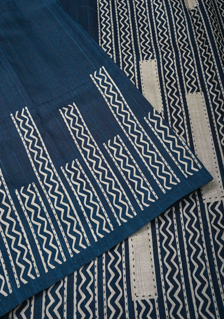 Indigo Semi Tussar Saree with Geometric Digital Print and Kantha Hand Embroidery