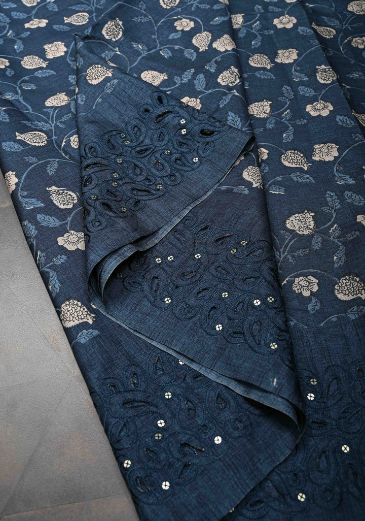 Elegant fine cutwork with floral jaal digital print semi tussar Embroidery Saree in Blue