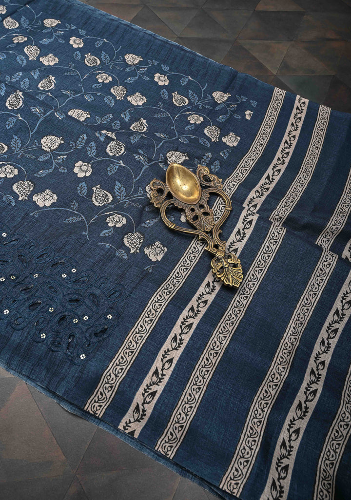 Elegant fine cutwork with floral jaal digital print semi tussar Embroidery Saree in Blue