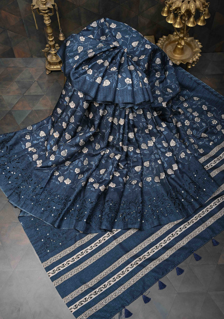 Elegant fine cutwork with floral jaal digital print semi tussar Embroidery Saree in Blue