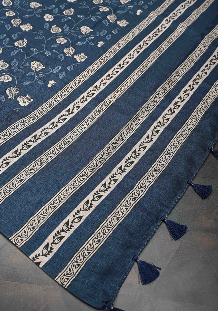 Elegant fine cutwork with floral jaal digital print semi tussar Embroidery Saree in Blue
