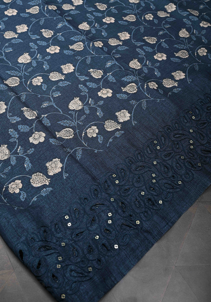 Elegant fine cutwork with floral jaal digital print semi tussar Embroidery Saree in Blue