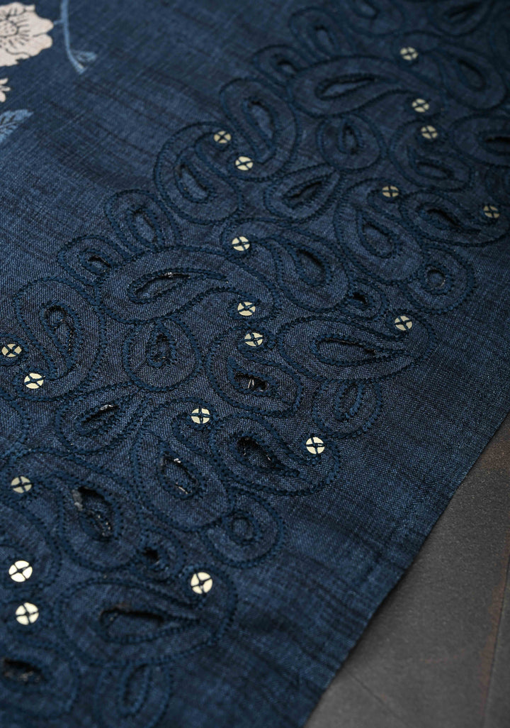 Elegant fine cutwork with floral jaal digital print semi tussar Embroidery Saree in Blue