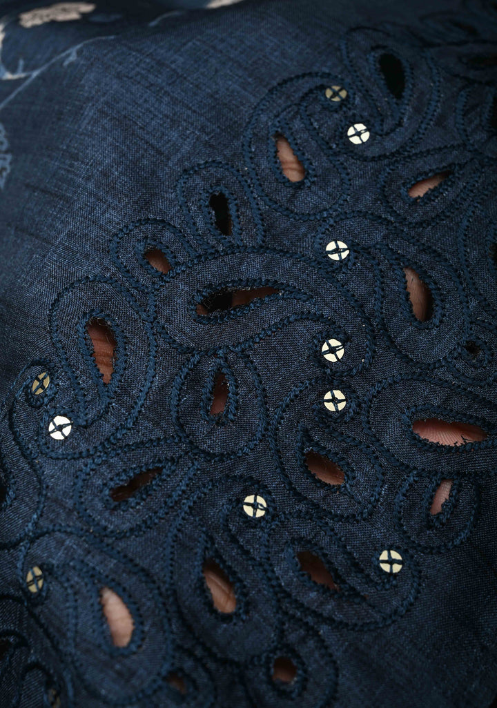Elegant fine cutwork with floral jaal digital print semi tussar Embroidery Saree in Blue