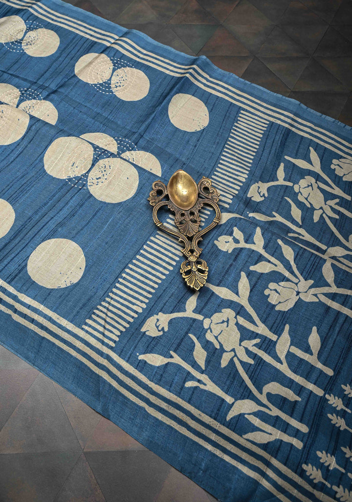 Peacock Blue Semi Tussar Saree with Charming Prints and Hand Kantha Embroidery Highlights