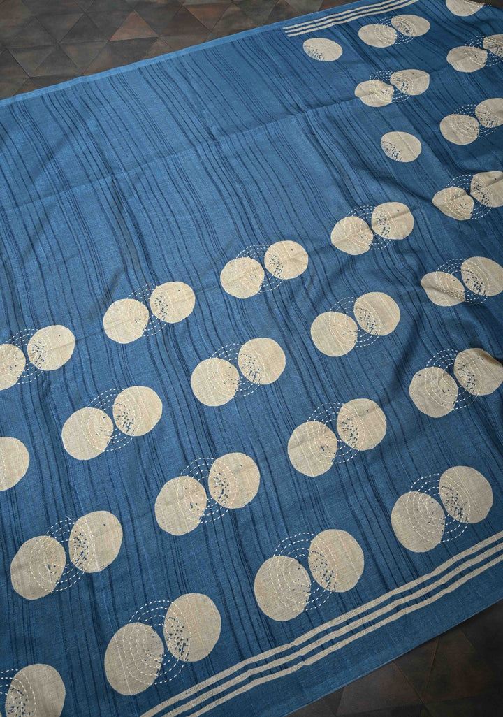 Peacock Blue Semi Tussar Saree with Charming Prints and Hand Kantha Embroidery Highlights