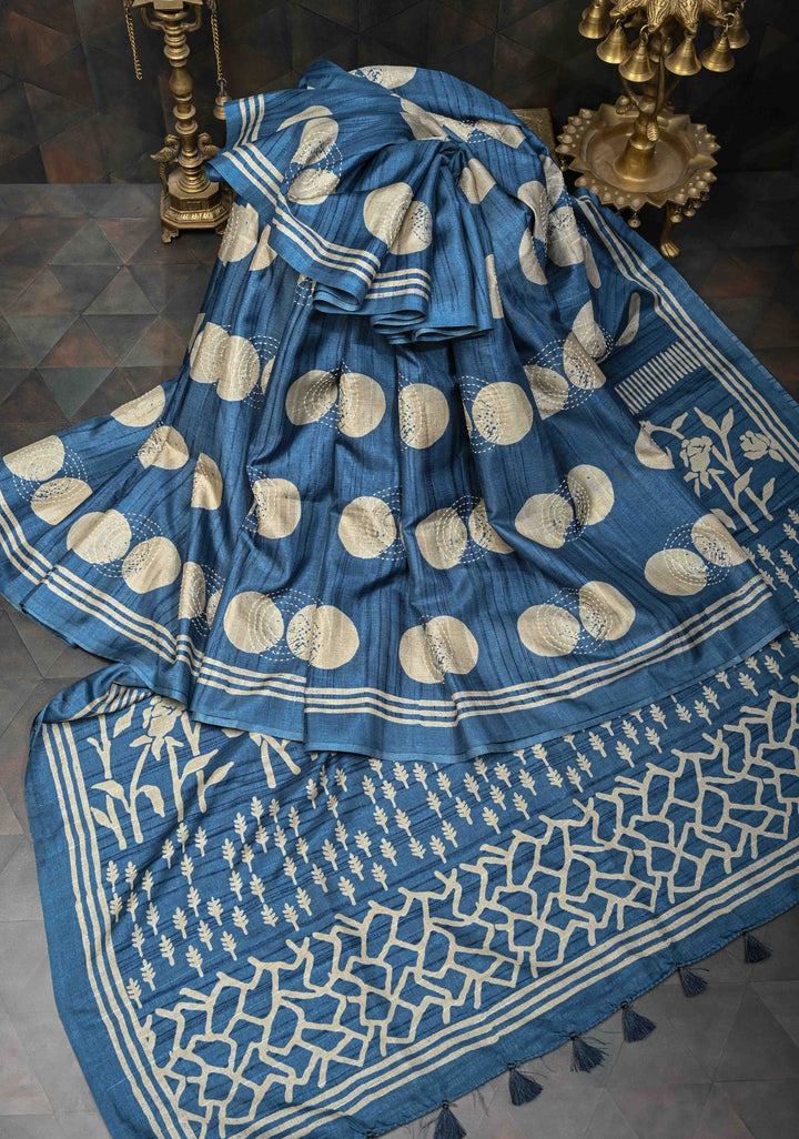 Peacock Blue Semi Tussar Saree with Charming Prints and Hand Kantha Embroidery Highlights