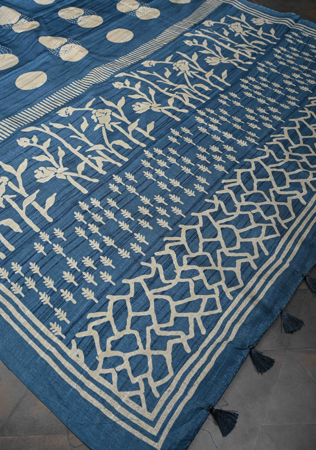 Peacock Blue Semi Tussar Saree with Charming Prints and Hand Kantha Embroidery Highlights