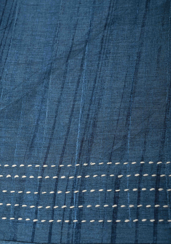 Peacock Blue Semi Tussar Saree with Charming Prints and Hand Kantha Embroidery Highlights