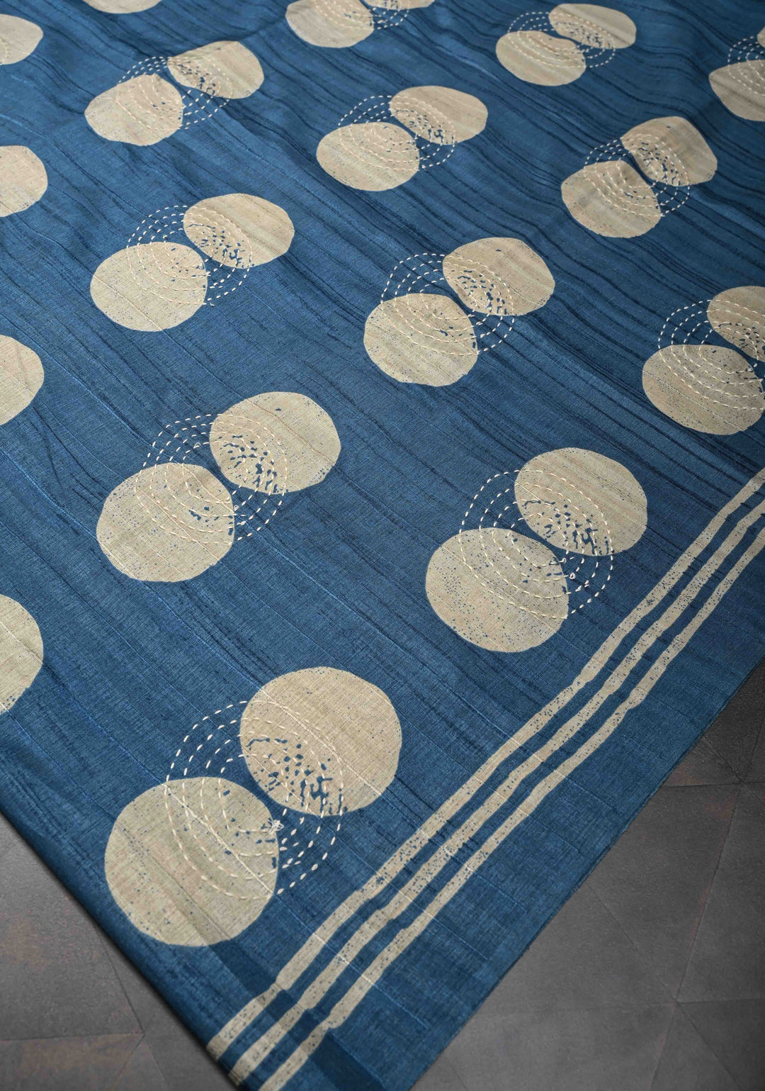 Peacock Blue Semi Tussar Saree with Charming Prints and Hand Kantha Embroidery Highlights