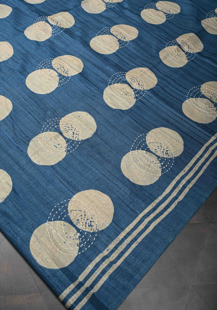 Peacock Blue Semi Tussar Saree with Charming Prints and Hand Kantha Embroidery Highlights