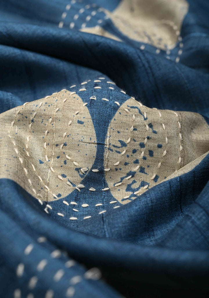 Peacock Blue Semi Tussar Saree with Charming Prints and Hand Kantha Embroidery Highlights