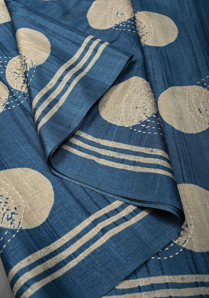 Peacock Blue Semi Tussar Saree with Charming Prints and Hand Kantha Embroidery Highlights