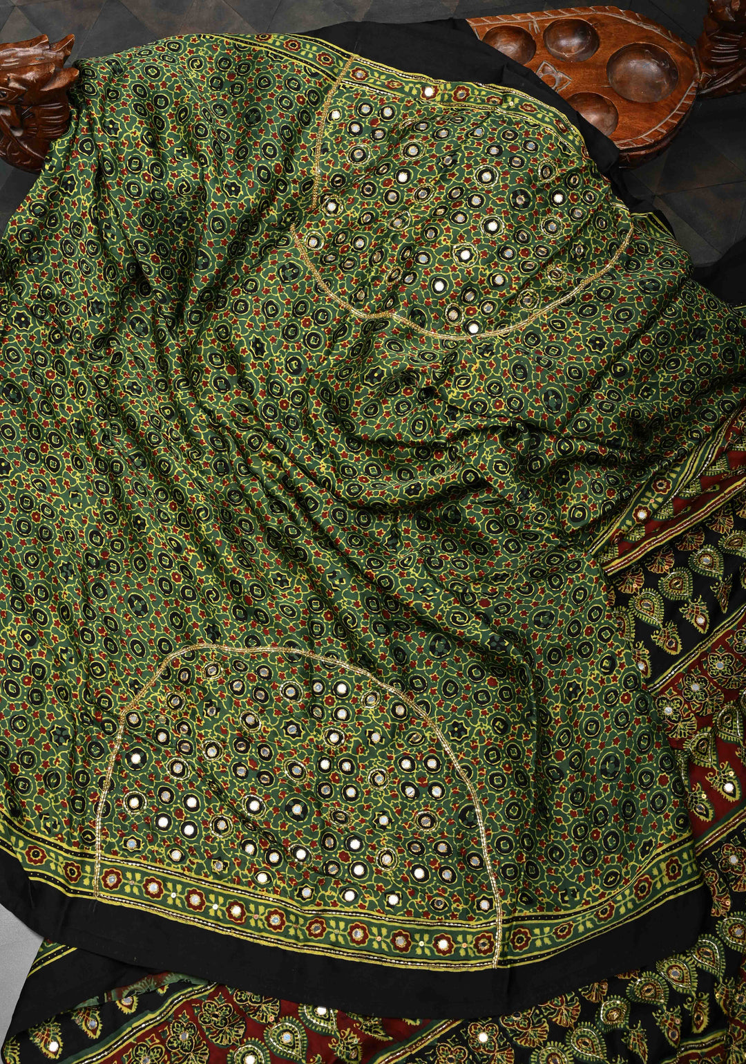 Ajrakh Hand Block Print on Green Modal Silk Saree with mirror and sequins Hand embroidery