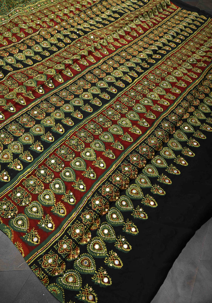 Ajrakh Hand Block Print on Green Modal Silk Saree with mirror and sequins Hand embroidery