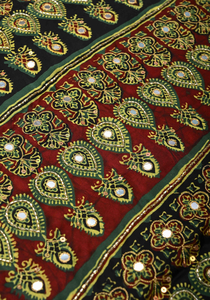 Ajrakh Hand Block Print on Green Modal Silk Saree with mirror and sequins Hand embroidery