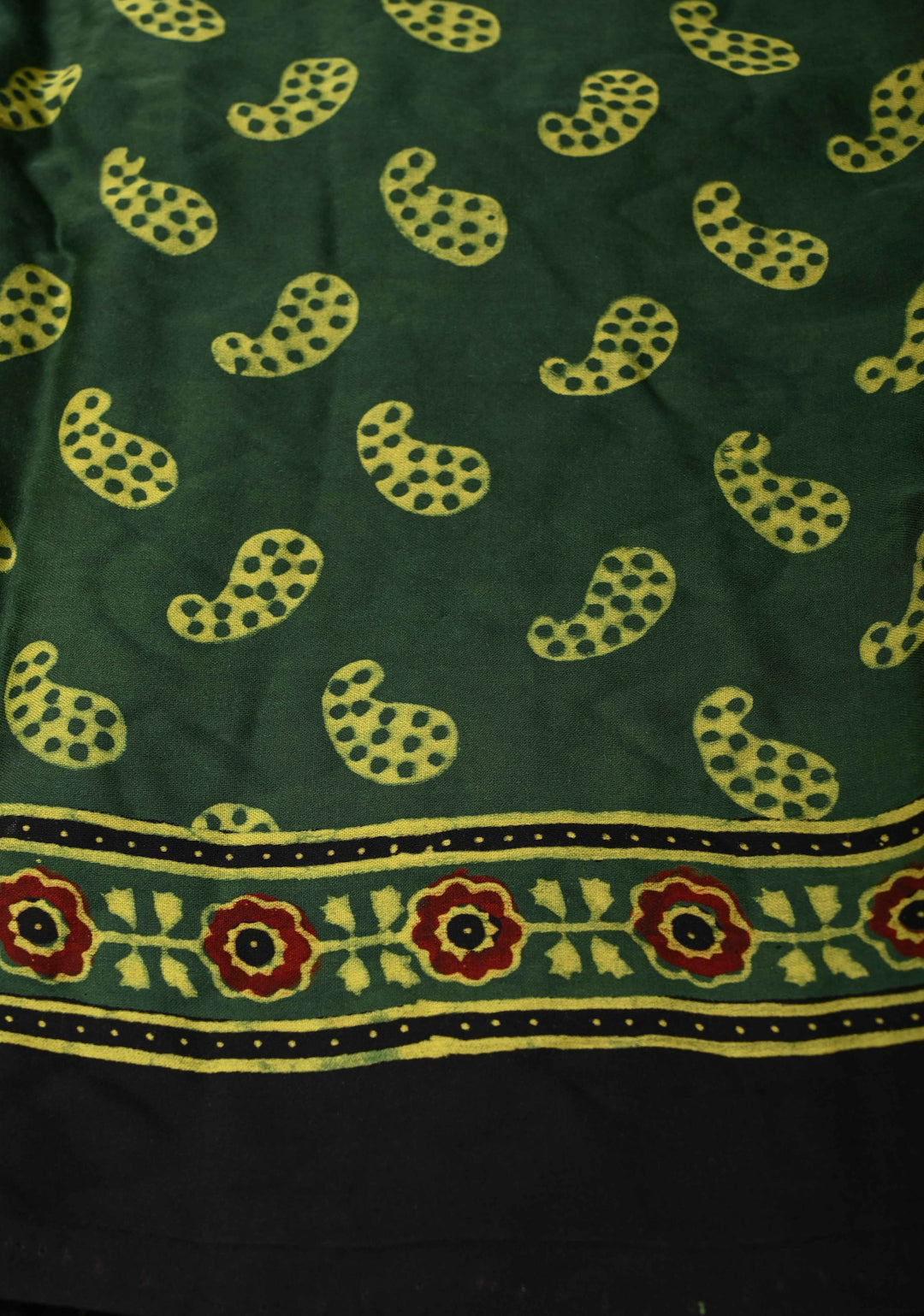 Ajrakh Hand Block Print on Green Modal Silk Saree with mirror and sequins Hand embroidery