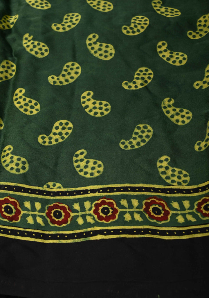 Ajrakh Hand Block Print on Green Modal Silk Saree with mirror and sequins Hand embroidery