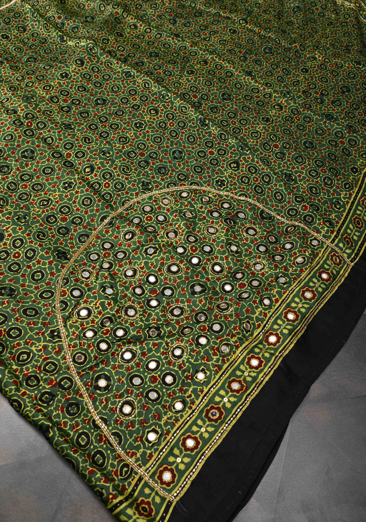 Ajrakh Hand Block Print on Green Modal Silk Saree with mirror and sequins Hand embroidery