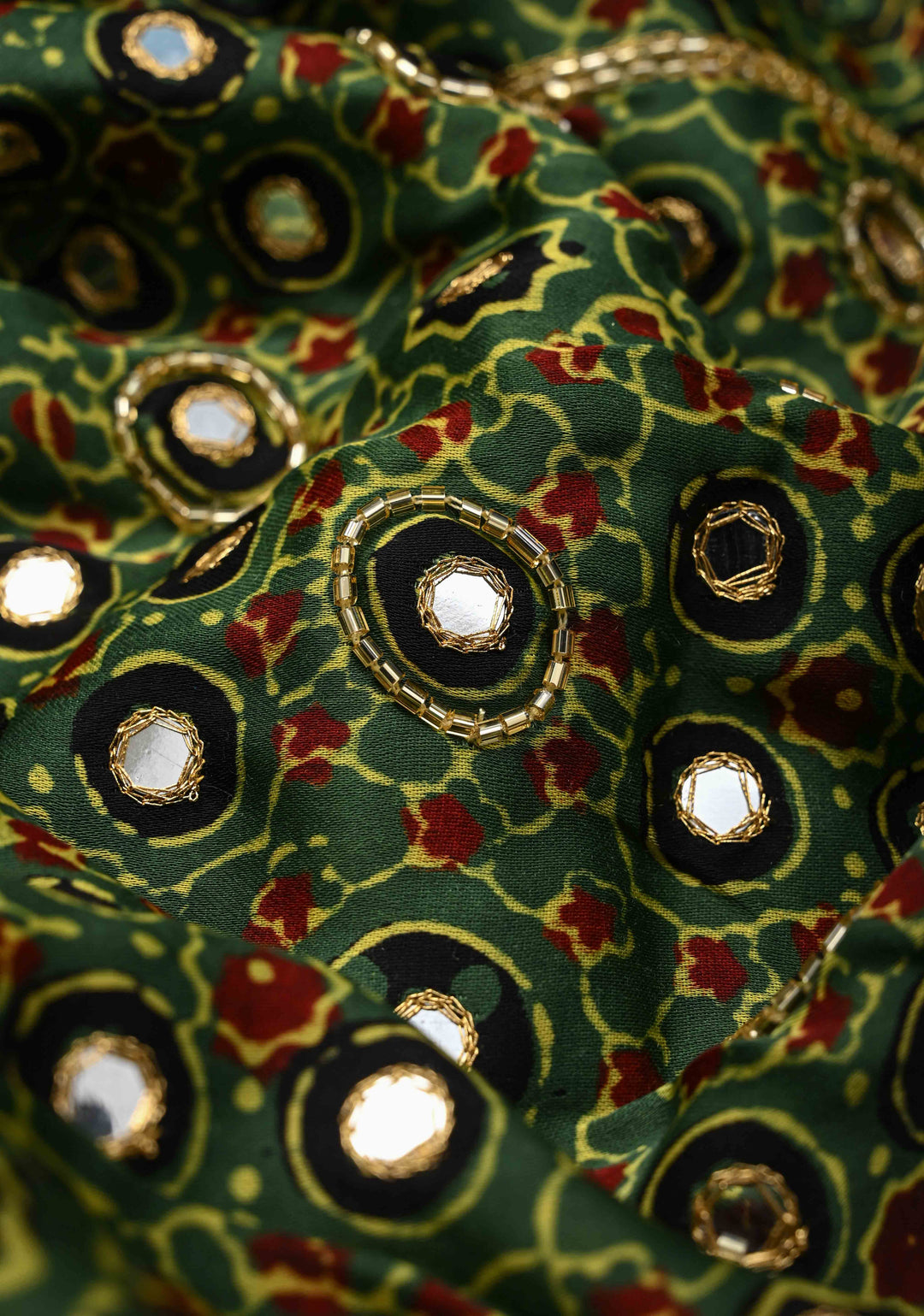 Ajrakh Hand Block Print on Green Modal Silk Saree with mirror and sequins Hand embroidery