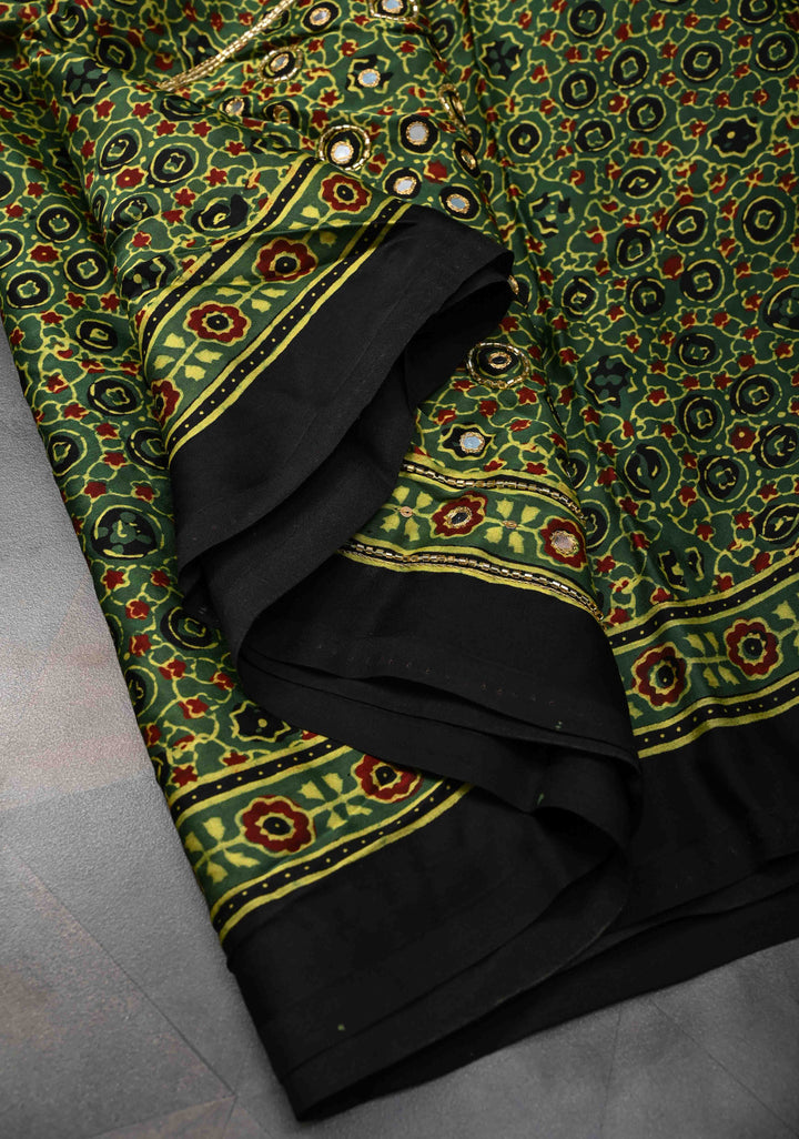 Ajrakh Hand Block Print on Green Modal Silk Saree with mirror and sequins Hand embroidery