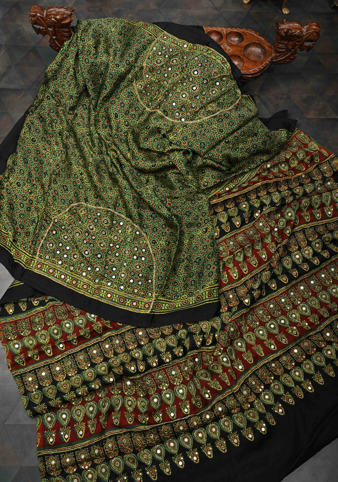 Ajrakh Hand Block Print on Green Modal Silk Saree with mirror and sequins Hand embroidery