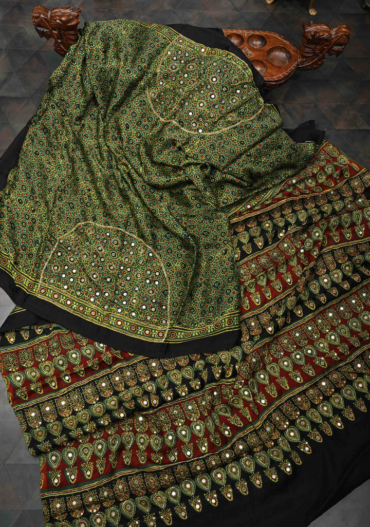 Ajrakh Hand Block Print on Green Modal Silk Saree with mirror and sequins Hand embroidery